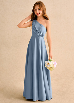 Azazie Puddles Junior Formal Flower Girl Dresses Dusty Blue A-Line One Shoulder Matte Satin Dress image6