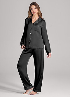 front Matching Color Long Sleeves and Pants Satin PJ Set