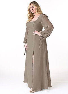 Azazie Leonia Bridesmaid Dresses Taupe A-Line Long Sleeve Chiffon Dress image3