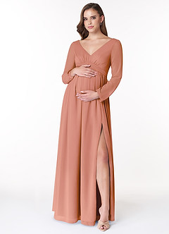 Azazie Teton Maternity Bridesmaid Dresses A-Line Long Sleeve Chiffon Floor-Length Dress image1