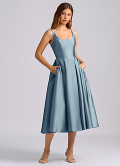 Azazie Amalie Bridesmaid Dresses Dusty Blue A-Line Pleated Stretch Satin Dress image3