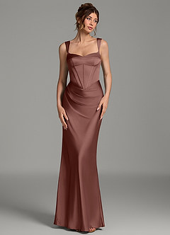 Azazie Mela At-home Try On Dresses Dusty Rose Sheath Corset Stretch Satin Dress image1