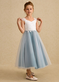 Azazie Momo Flower Girl Dresses Ivory Ink Blue A-Line Lace Dress image5