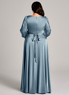 Azazie Leonia Robes de demoiselle d'honneur Robe Trapèze en Satin extensible Manche longue Bleu Poussiéreux image13