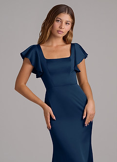 Azazie Elkie Robes de demoiselle d'honneur Robe Sirène en Satin extensible Col Carré Bleu Marine Foncé image6