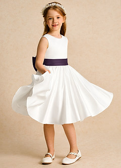 Azazie Sosie vestidos de niña de las flores Vestido de Marfil Ciruela de Satin Mate de Corte En A con Plisado image5