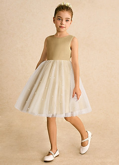Azazie Esme Flower Girl Dresses Ivory Gold Ball-Gown Bow Tulle Dress image5
