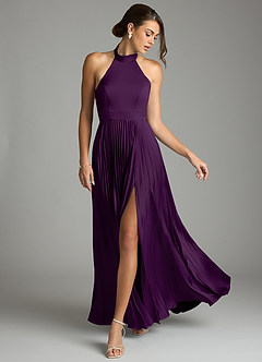 Azazie Zienna 신부 들러리 드레스 A라인 주름진 스트레치 새틴 바닥 길이 드레스 image3