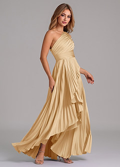 Azazie Lyrica 신부 들러리 드레스 A라인 한쪽 어깨 스트레치 새틴 비대칭 드레스 image3