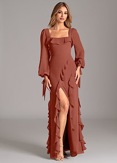 Azazie Candice Brautjungfernkleider A-Linie Langarm Chiffon Kleid Rotbraun image4