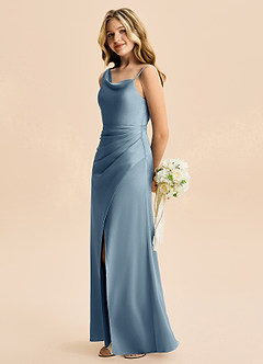 Azazie Abby Junior Robe Trapèze en Satin extensible Plissée Bleu Poussiéreux image3