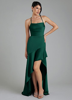 Azazie Jaslene Robes de demoiselle d'honneur Robe Trapèze en Satin extensible Corset émeraude image1