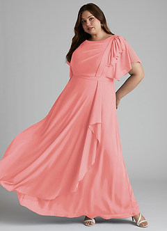 Azazie Aaliyah Bescheidene Brautjungfernkleider A-Linie Schaufel Gefaltet Chiffon Bodenlänge Kleid image8