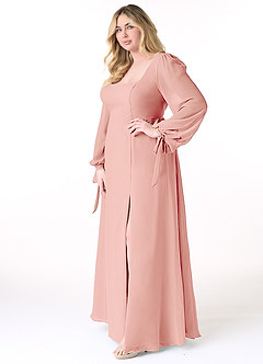 Azazie Leonia Bridesmaid Dresses Rosette A-Line Long Sleeve Chiffon Dress image3