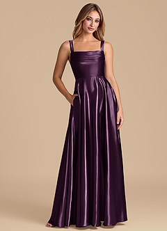 Azazie Shaude 신부 들러리 드레스 A라인 주름진 메탈릭 새틴 바닥 길이 드레스 image1