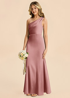 Azazie Ren Junior Robe Trapèze en Satin extensible Plissé Rose Poussiéreuse image2