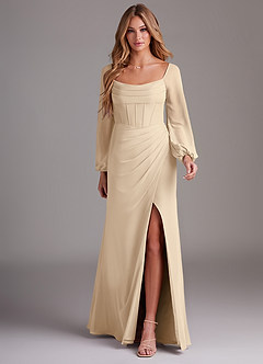 Azazie Charissa Brautjungfernkleider Etui Langarm Chiffon Kleid Champagner image3