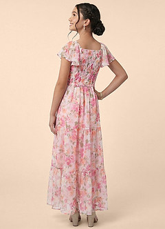 Azazie Elodie Junior Formal Vestido de Sombra Rubor Floral de Gasa de Corte en A con Volante image4