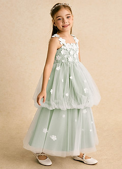 Azazie Teacup Flower Girl Dresses Ivory Dusty Sage Ball-Gown Lace Tulle Dress image2
