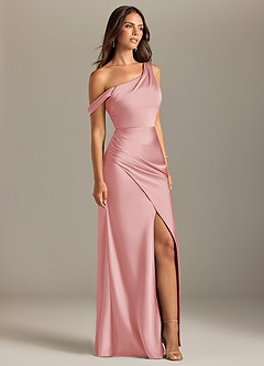 Azazie Madelyn Robes de demoiselle d'honneur Robe Sirène Convertible en Satin extensible Une épaule Rose Poudré image4