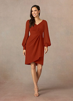 Azazie Karen Mother of the Bride Dresses Rust Sheath Pleated Stretch Crepe Dress image1