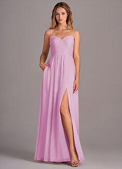 Azazie Joni Vestidos de damas de honor Vestido de Rosa Caramelo de Gasa de Corte en A Convertible con Sin tirantes image4