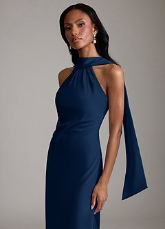 Azazie Cassiana Bridesmaid Dresses Dark Navy Mermaid Pleated Stretch Satin Dress image3