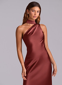 Azazie Seona Vestidos de madrinha de casamento Vestido Terracota de Cetim elástico de sereia com Ombro Único image2