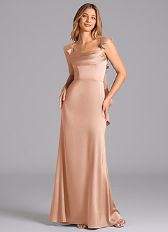 Azazie Adi Bridesmaid Dresses Rose Gold A-Line Pleated Stretch Satin Dress image4
