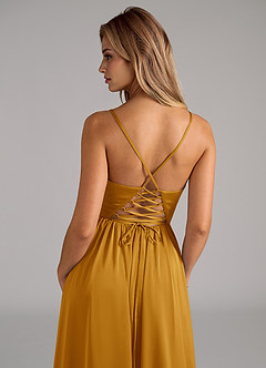 Azazie Aaida Robes de demoiselle d'honneur Robe Trapèze en Satin extensible Corset Caramel écossais image2