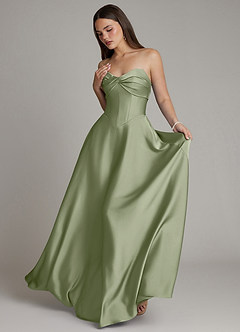 Azazie Meleena Bridesmaid Dresses Pistachio A-Line Strapless Stretch Satin Dress image5