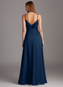 Azazie Calissa Bridesmaid Dresses Dark Navy A-Line V-Neck Pleated Stretch Satin Dress image2