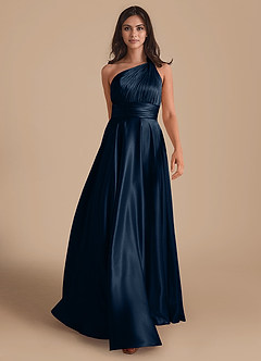 Azazie Charlize Bridesmaid Dresses Dark Navy A-Line One Shoulder Metallic Satin Dress image1