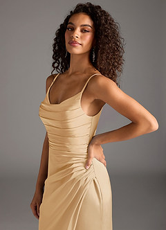 Azazie Deandra Bridesmaid Dresses Gold Mermaid Pleated Stretch Satin Dress image3