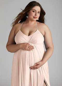 Azazie Annabelle Maternity Bridesmaid Dresses A-Line V-Neck Pleated Mesh Floor-Length Dress image5