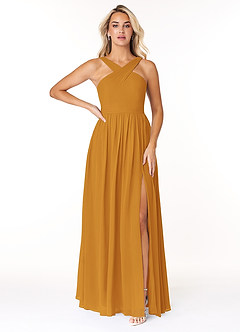 Azazie Elvira Abiti da Damigella Abito A-Line in Chiffon Plissettato Caramello image1