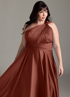 Azazie Charlize Bridesmaid Dresses Auburn A-Line One Shoulder Stretch Satin Dress image15