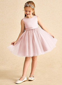 Azazie Jani Robe Demoiselle D'honneur Fillette Robe Trapèze en Tulle Arc Rose Pâle image5