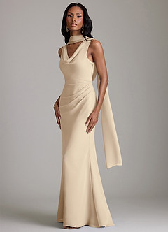 Azazie Linelle Robes de demoiselle d'honneur Robe Sirène en Mousseline de soie Plissée Champagne image4