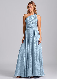 Azazie Charlize 신부 들러리 드레스 A라인 한쪽 어깨 플로럴 번아웃 바닥 길이 드레스 image1