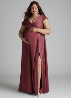 Azazie Allessia Robes de demoiselle d'honneur de maternité Robe Trapèze Plissée Longueur ras du sol Satin extensible image11