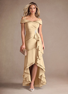 Azazie Billings Moeder van de bruid jurken Zeemeermin Jurk van Stretch Satijn Off-shoulder Champagne image7