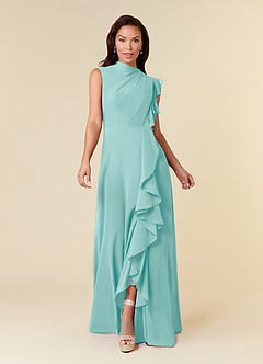 Azazie Narine Mother of the Bride Dresses Aqua A-Line High Neckline Pleated Chiffon Dress image3