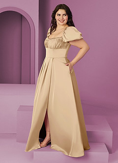 Barbie ♥ Azazie Bridesmaid Dresses Champagne A-Line Ruched Stretch Satin Dress image9
