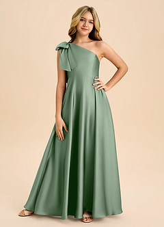 Azazie Penguin Junior Matcha A-Line Bow Stretch Satin Dress image3