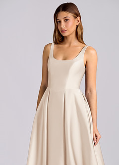 Azazie Amalie 신부 들러리 드레스 A라인 주름진 스트레치 새틴 티 길이 드레스 image6