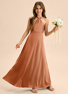 Azazie Beah Junior Copper A-Line Pleated Stretch Satin Dress image5