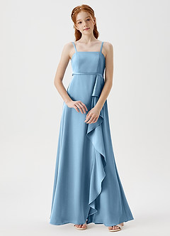 Azazie Kaylee Junior Robe Trapèze en Satin extensible avec ceinture Acier Bleuté image1