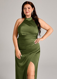 Azazie Jemma Bridesmaid Dresses Olive Sheath Pleated Stretch Satin Dress image8