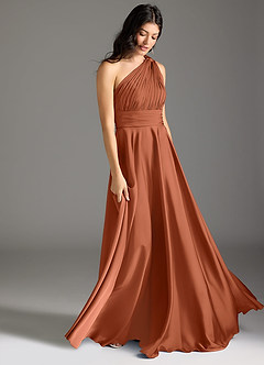 Azazie Charlize Bridesmaid Dresses Cedar Rose A-Line One Shoulder Stretch Satin Dress image3
